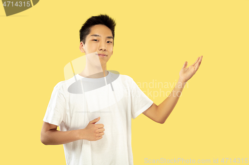 Image of Korean young man\'s half-length portrait on yellow background