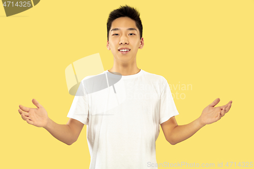 Image of Korean young man\'s half-length portrait on yellow background