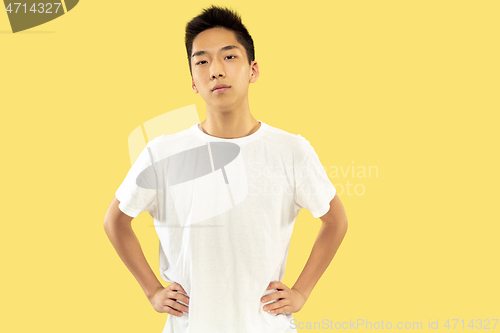 Image of Korean young man\'s half-length portrait on yellow background