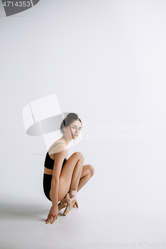 Image of Young female ballet dancer against white studio background