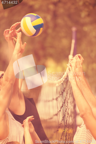 Image of group of young friends playing Beach volleyball