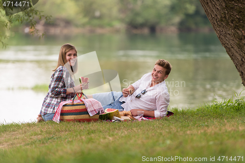 Image of Couple in love enjoying picnic time