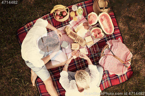 Image of top view of couple enjoying picnic time