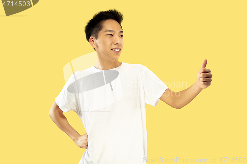 Image of Korean young man\'s half-length portrait on yellow background