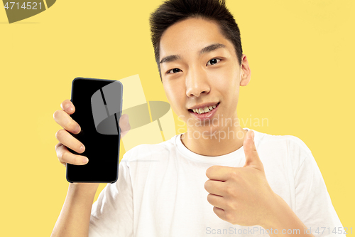 Image of Korean young man\'s half-length portrait on yellow background