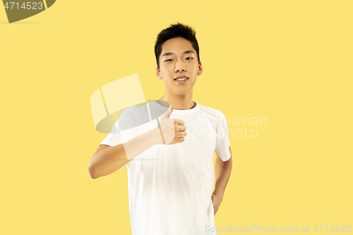 Image of Korean young man\'s half-length portrait on yellow background