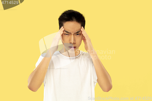 Image of Korean young man\'s half-length portrait on yellow background