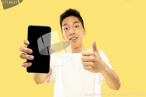 Image of Korean young man\'s half-length portrait on yellow background