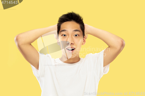 Image of Korean young man\'s half-length portrait on yellow background