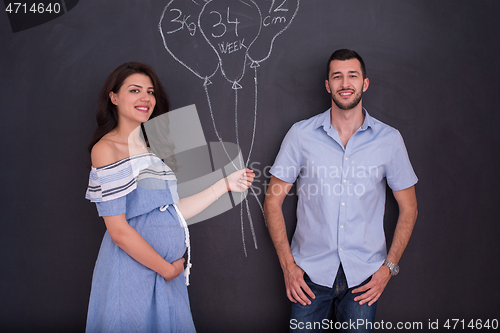 Image of pregnant couple drawing their imaginations on chalk board