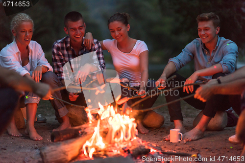 Image of young friends relaxing around campfire