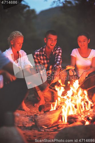 Image of young friends relaxing around campfire