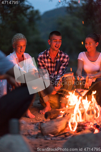 Image of young friends relaxing around campfire