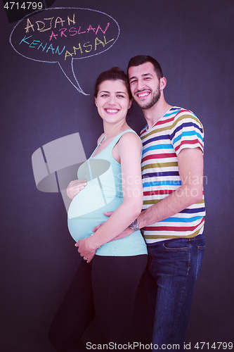 Image of pregnant couple writing on a black chalkboard