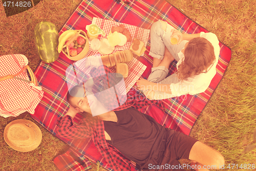 Image of top view of couple enjoying picnic time