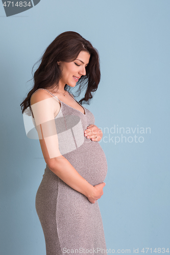 Image of Portrait of pregnant woman over blue background