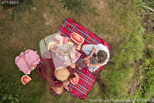 Image of top view of couple enjoying picnic time