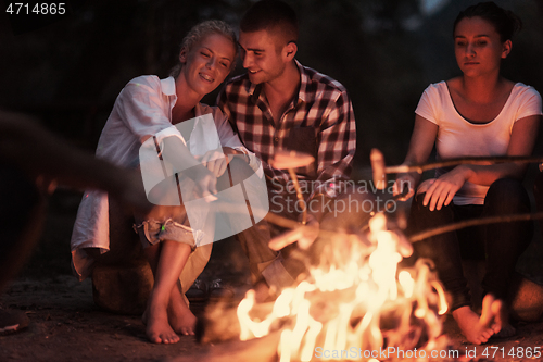 Image of young friends relaxing around campfire