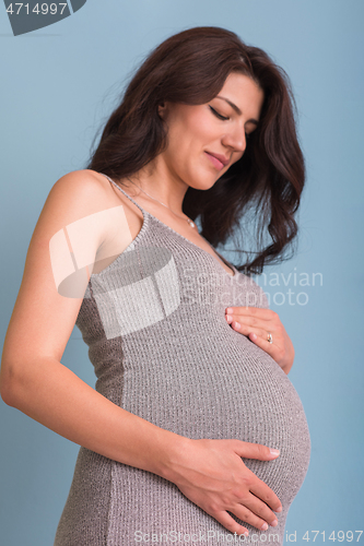 Image of Portrait of pregnant woman over blue background