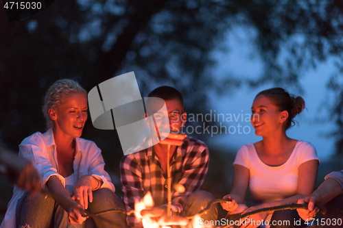 Image of young friends relaxing around campfire