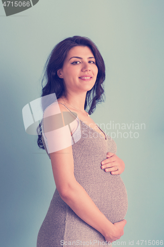 Image of Portrait of pregnant woman over blue background