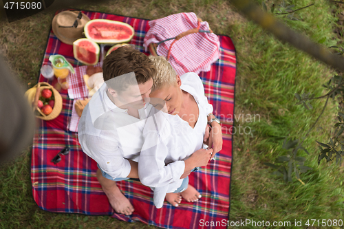 Image of top view of couple enjoying picnic time