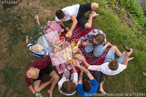 Image of top view of group friends enjoying picnic time