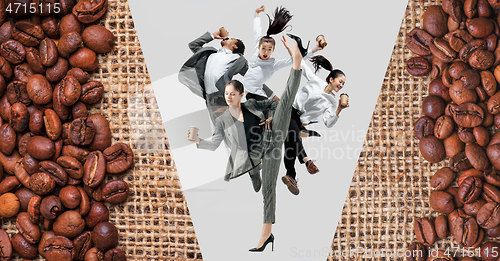 Image of Office workers jumping isolated on studio background