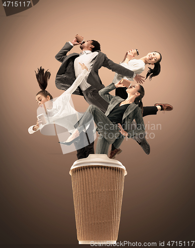 Image of Office workers jumping isolated on studio background