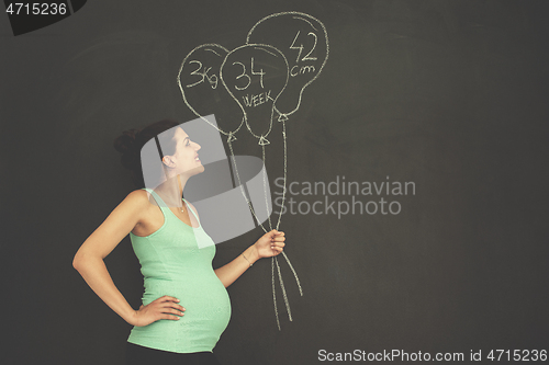 Image of Portrait of pregnant woman in front of black chalkboard