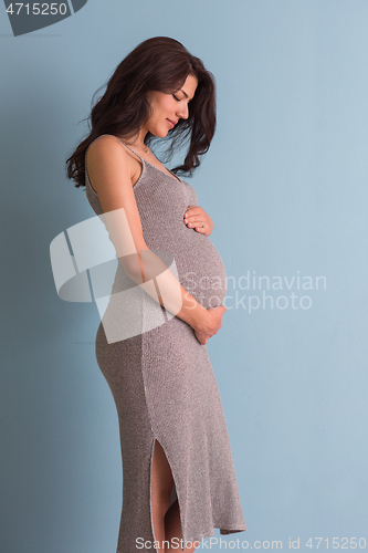 Image of Portrait of pregnant woman over blue background