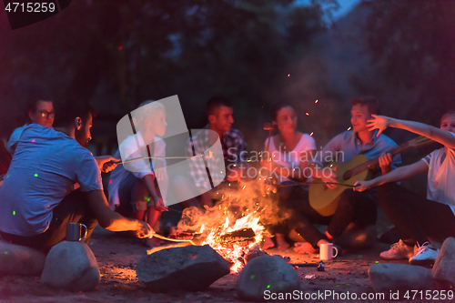 Image of young friends relaxing around campfire