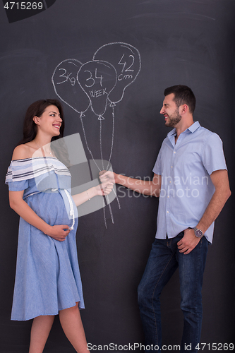 Image of pregnant couple drawing their imaginations on chalk board