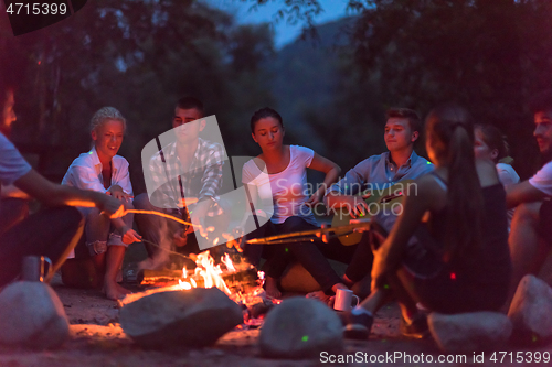 Image of young friends relaxing around campfire