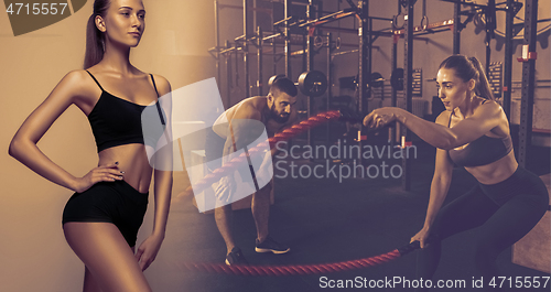 Image of Muscular young female athlete, creative collage