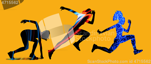 Image of Caucasian women running on yellow background