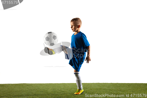 Image of Young boy as a soccer or football player on white studio background