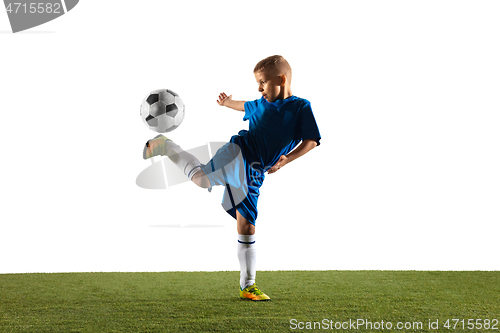 Image of Young boy as a soccer or football player on white studio background