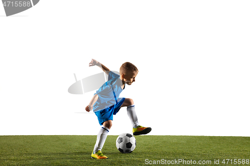 Image of Young boy as a soccer or football player on white studio background