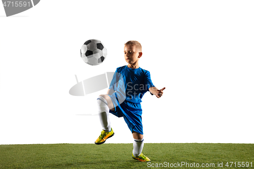 Image of Young boy as a soccer or football player on white studio background