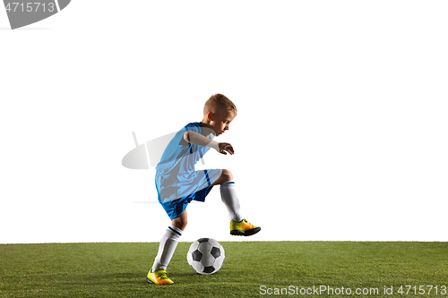 Image of Young boy as a soccer or football player on white studio background