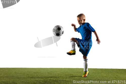 Image of Young boy as a soccer or football player on white studio background