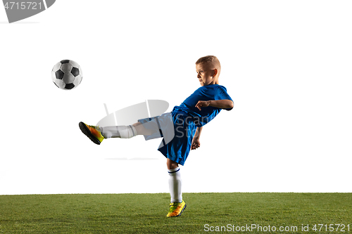 Image of Young boy as a soccer or football player on white studio background