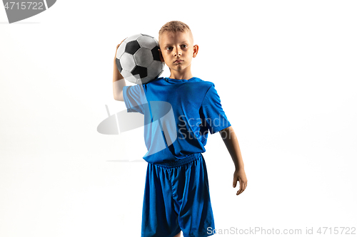 Image of Young boy as a soccer or football player on white studio background