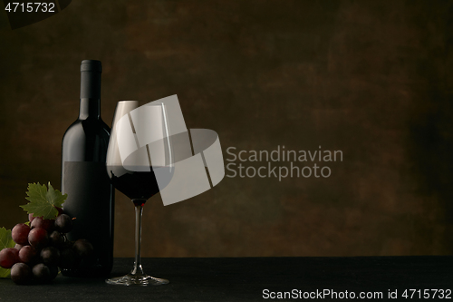 Image of Front view of tasty fruit plate with the wine bottle on dark studio background