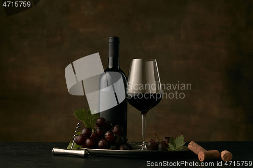 Image of Front view of tasty fruit plate with the wine bottle on dark studio background