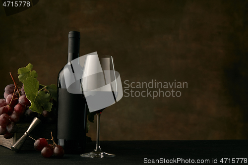 Image of Front view of tasty fruit plate with the wine bottle on dark studio background
