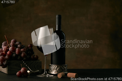 Image of Front view of tasty fruit plate with the wine bottle on dark studio background