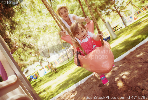 Image of mother and daughter swinging in the park