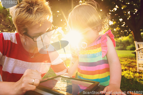 Image of mom and her little daughter using tablet computer